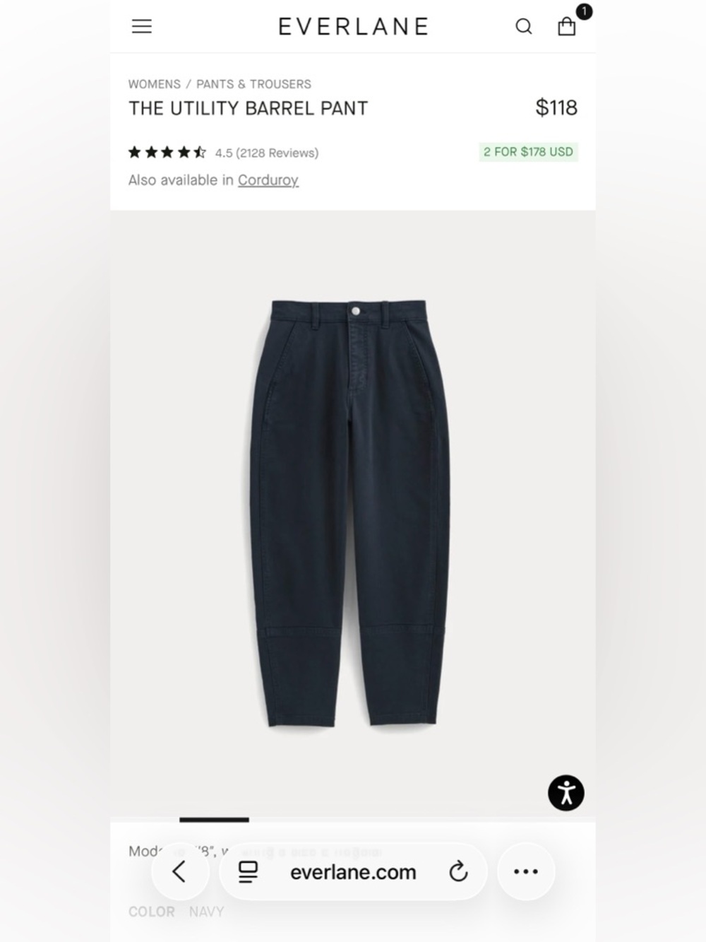 Everlane Navy Utility Barrel Pant - Women’s size 16
